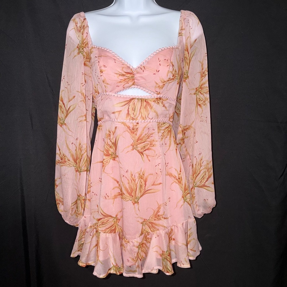 Saints + Secrets Pink Floral Cutout Mini Dress Long Balloon Sleeve Pom Trim S